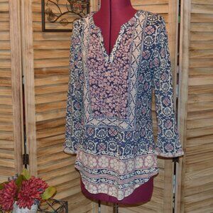 Lucky Brand L Split V-neck Border Print L/S Top Blue/Pink Geometric Pattern